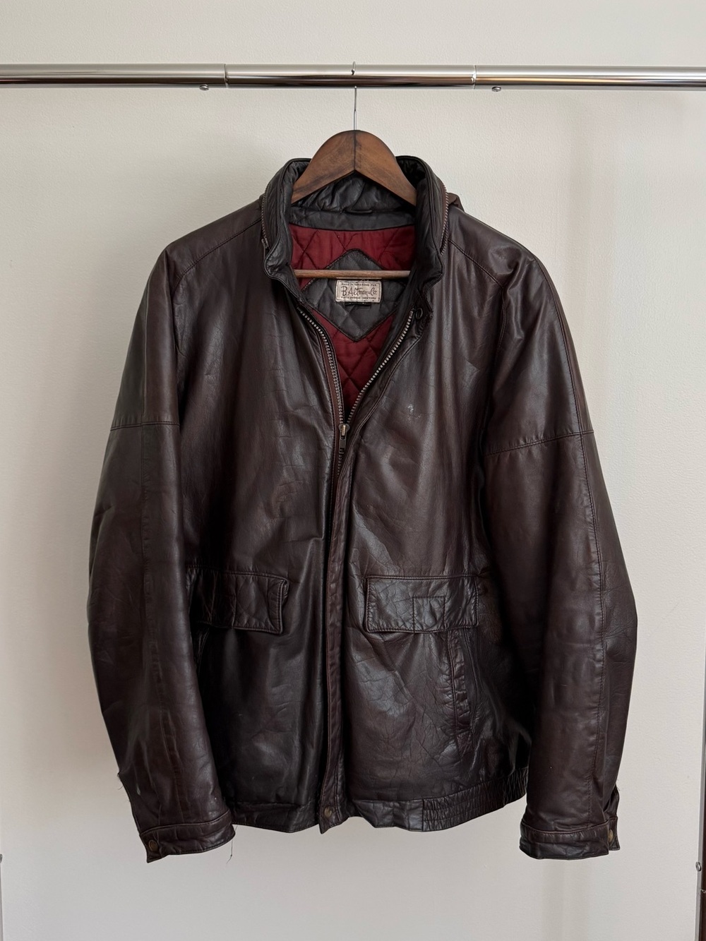 Dark Brown Leather Bomber Jacket with Quilted Red Lining